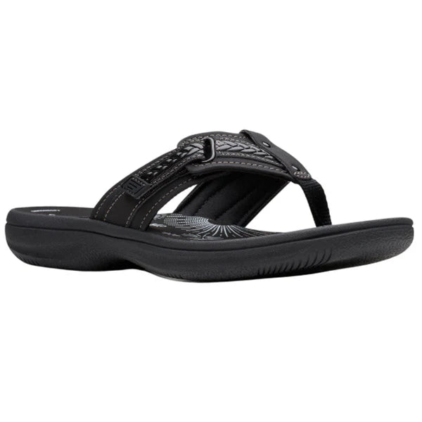 Clarks Women's Breezey Sun H Comfortable Braided and Stitching Strap Slip-On Sandal, Black Pat