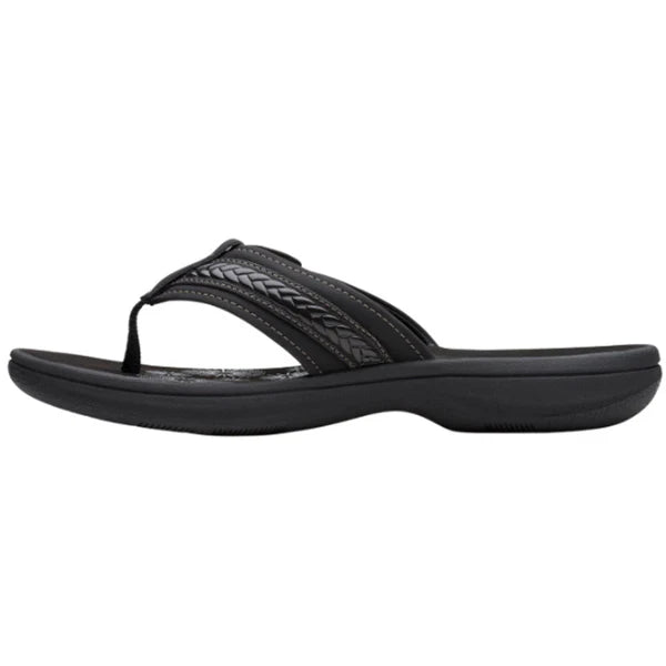 Clarks Women's Breezey Sun H Comfortable Braided and Stitching Strap Slip-On Sandal, Black Pat