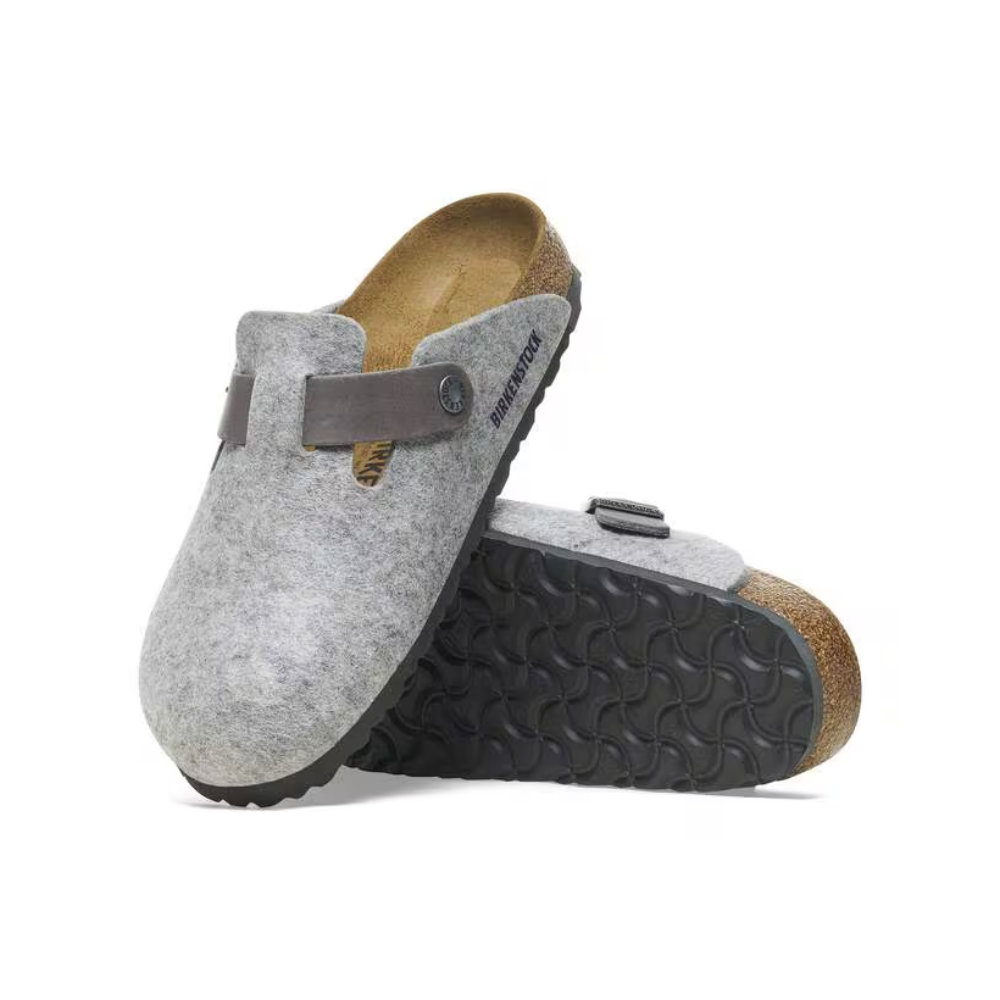 Birkenstock Unisex Boston Clog Sandals Natural Leather-Felt- Light Gray