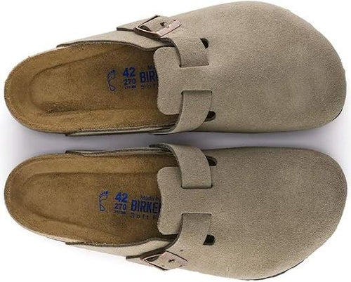 Birkenstock Boston Taupe Suede Soft Footbed Clog – Men's/Women's Classic Slip-On Comfort Shoe with Adjustable Strap, Contoured Cork-Latex Footbed & Suede Upper