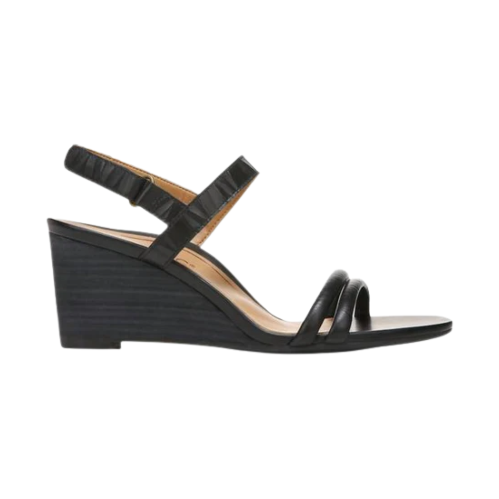 Vionic Women's Orthotic Emmy Wedge Sandals – Black Leather, Arch & Heel Support – Chic Backstrap Design