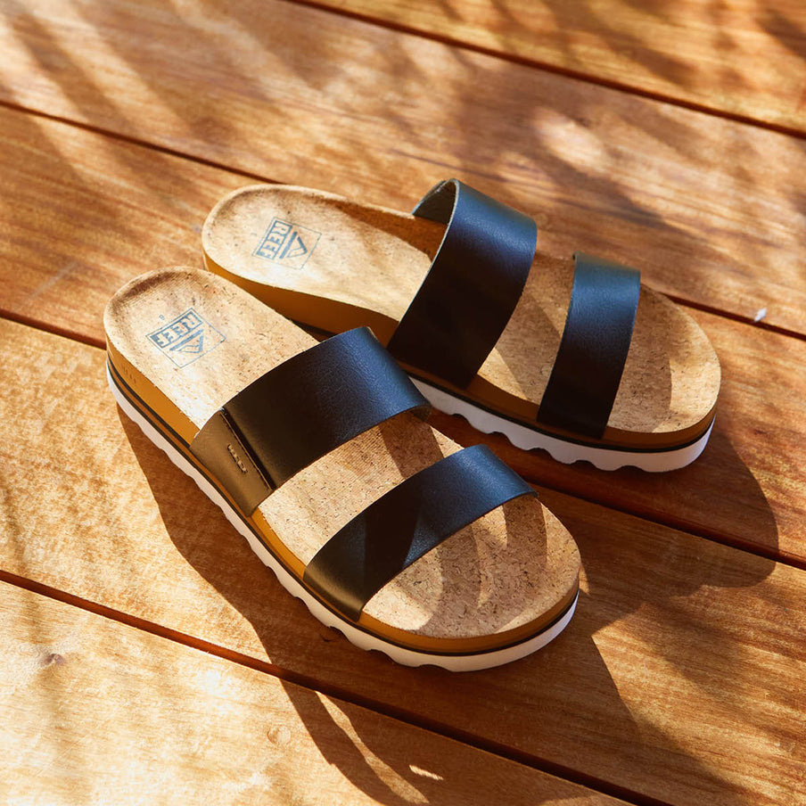REEF Women's Cushion Vista Hi Black Sandal – Vegan Leather Platform Comfort