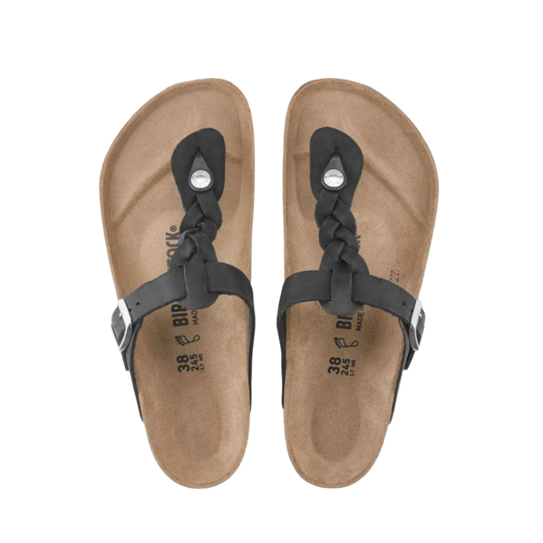Birkenstock Gizeh Braided Leather Women Thong Sandals Black Wide Fit
