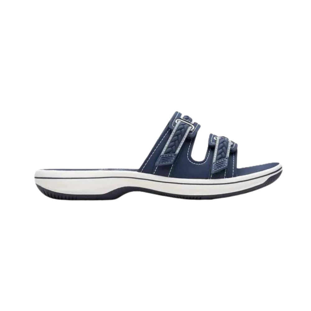 Clarks Women's Breezey Eve H Cushioned, Comfortable, Braided and Stitching Strap Slide Sandals, Navy