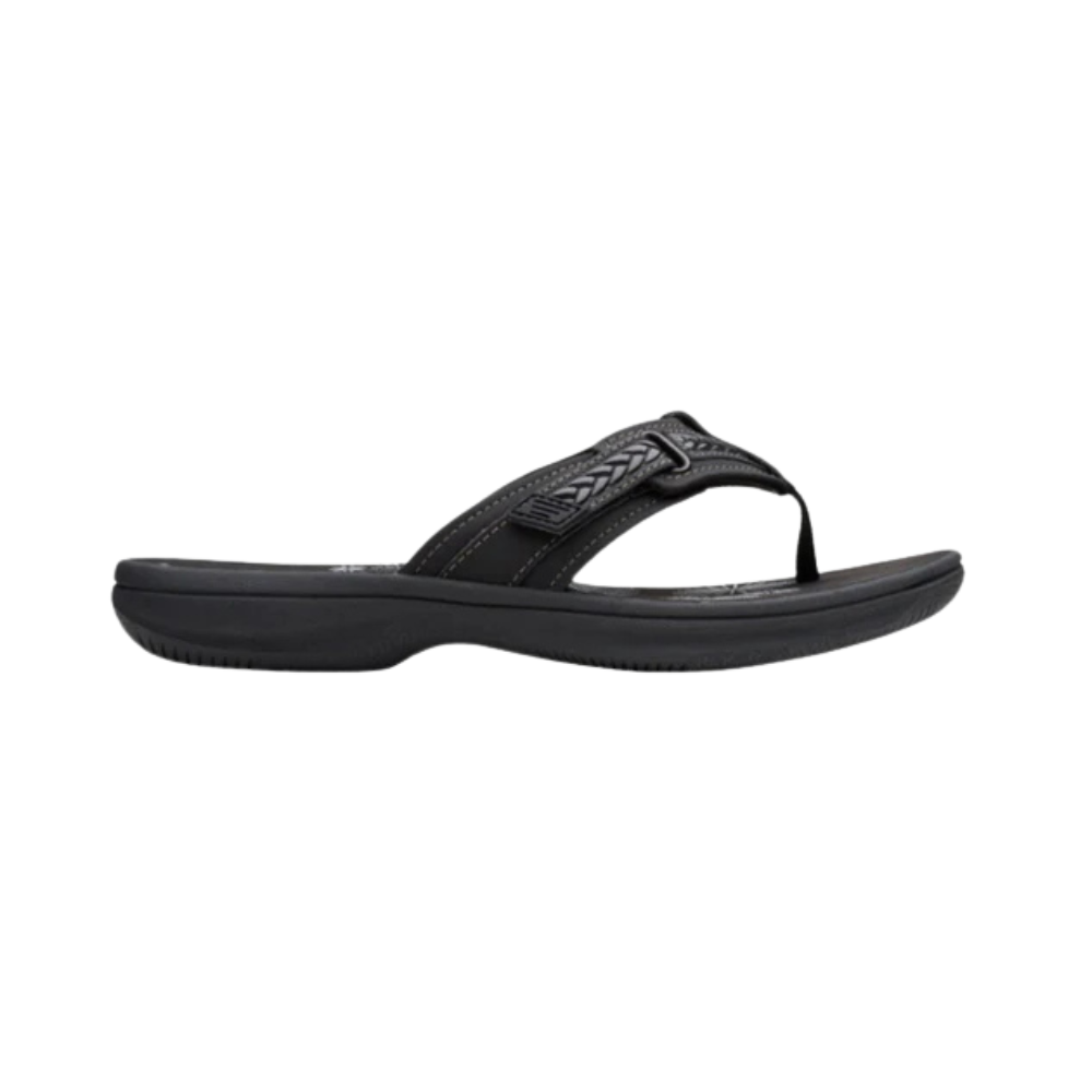 Clarks Women's Breezey Sun H Comfortable Braided and Stitching Strap Slip-On Sandal, Black Pat