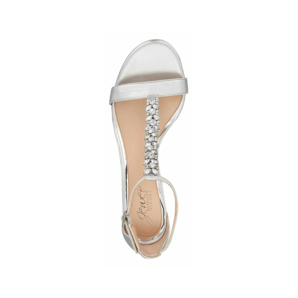 Jewel Badgley Mischka “Lindsey” – Silver Rhinestone T‑Strap Sandals (JW2157)