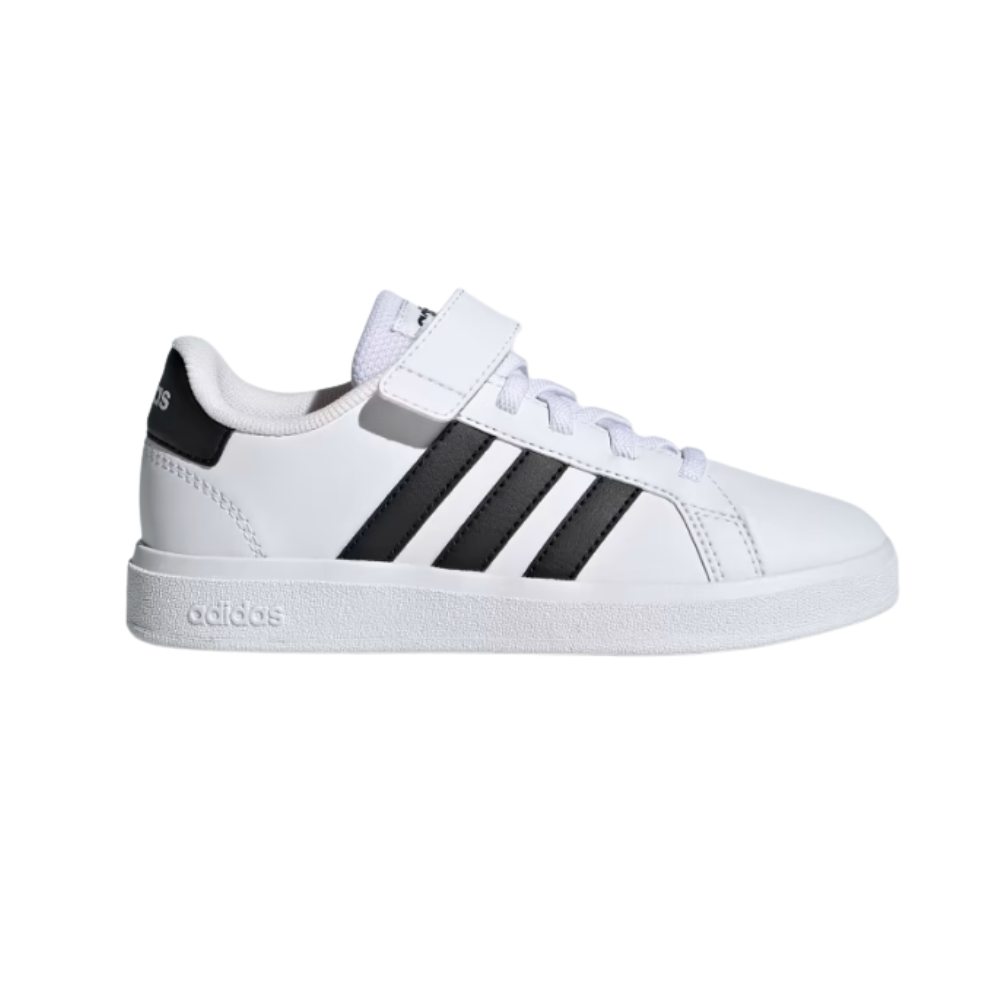 Adidas Grand Court 2.0 EL K Kids’ Court‑Style Sneaker White/Black-GW6521 Synthetic Leather, Elastic Laces, Rubber Cupsole