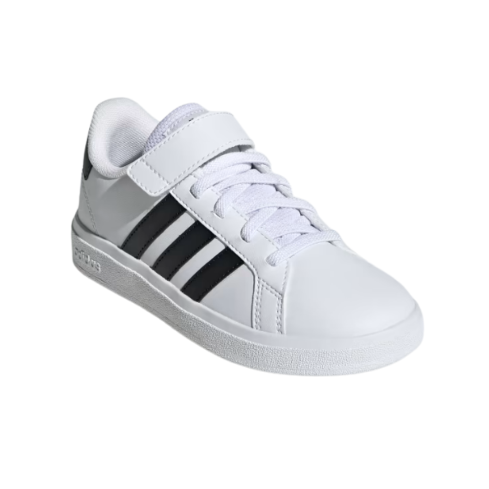Adidas Grand Court 2.0 EL K Kids’ Court‑Style Sneaker White/Black-GW6521 Synthetic Leather, Elastic Laces, Rubber Cupsole