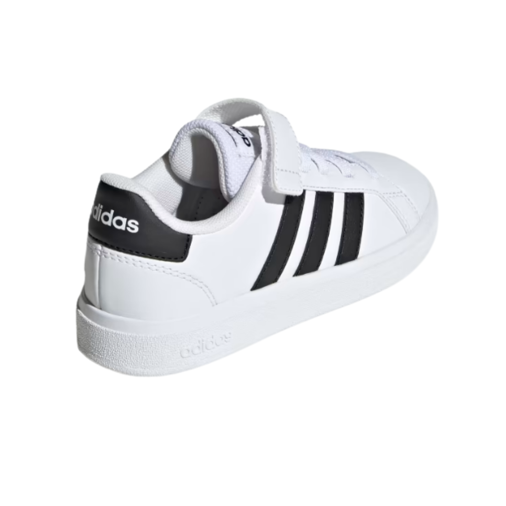 Adidas Grand Court 2.0 EL K Kids’ Court‑Style Sneaker White/Black-GW6521 Synthetic Leather, Elastic Laces, Rubber Cupsole