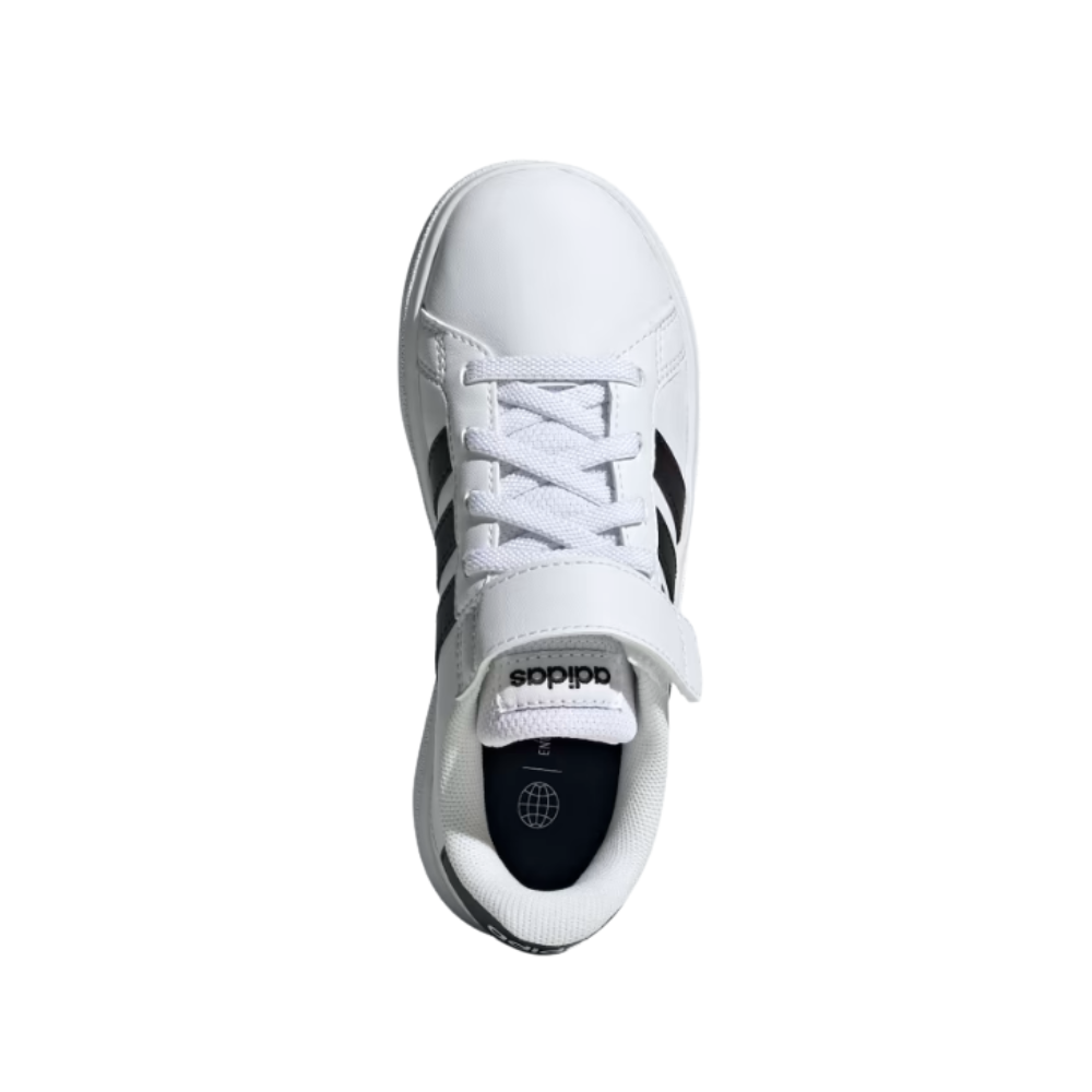 Adidas Grand Court 2.0 EL K Kids’ Court‑Style Sneaker White/Black-GW6521 Synthetic Leather, Elastic Laces, Rubber Cupsole