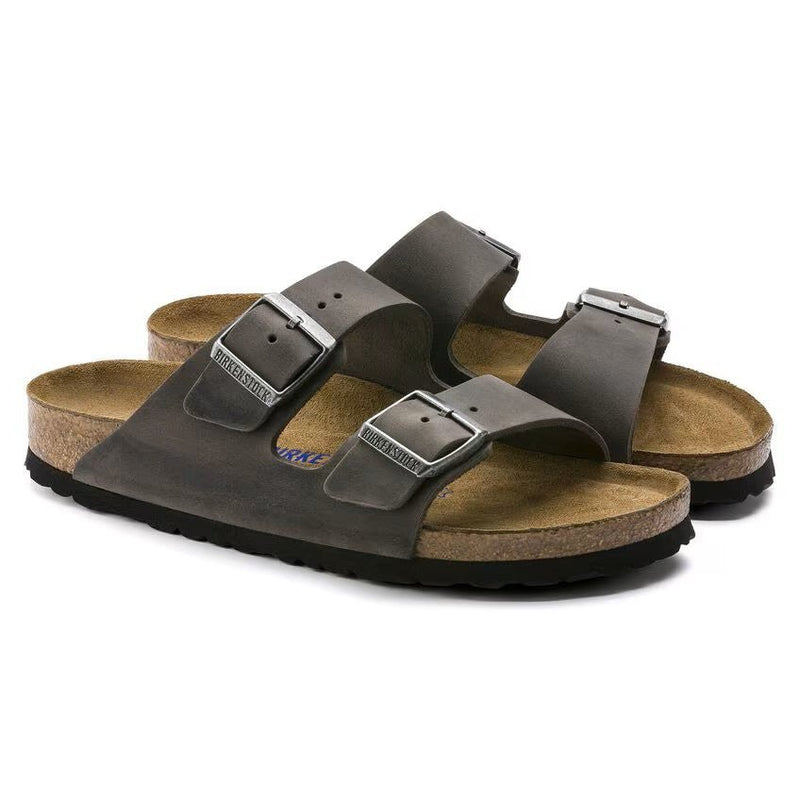 Birkenstock Arizona Soft Footbed Oiled Leather Sandals – Iron Gray, Unisex Two-Strap Slide with Contoured Cork Footbed