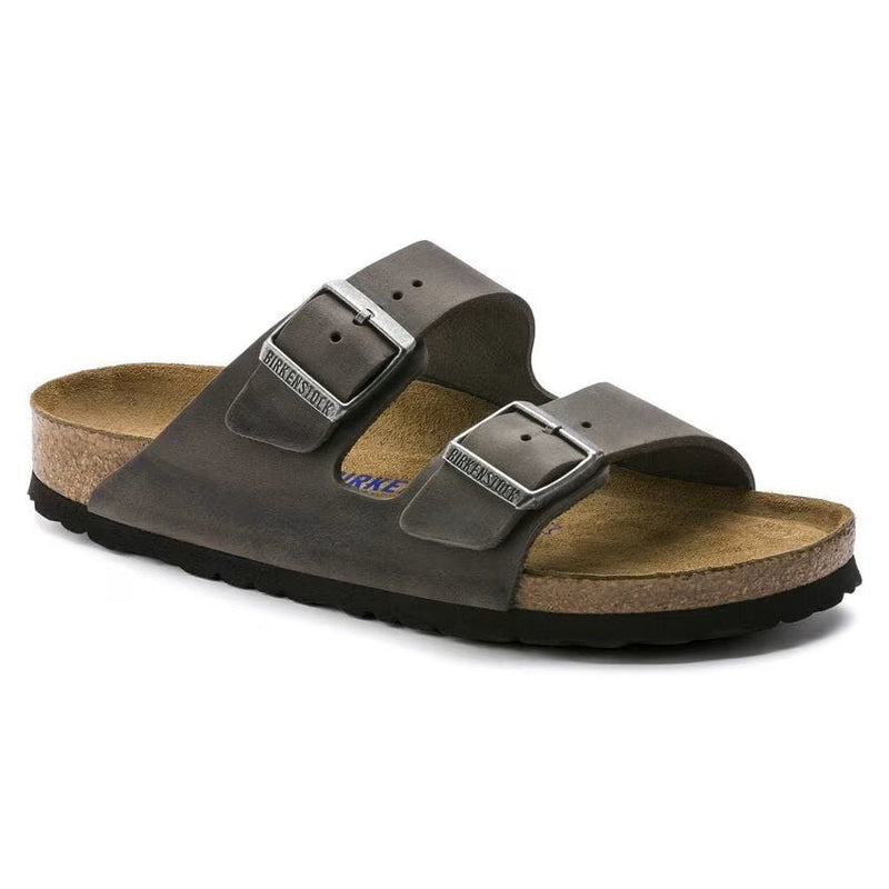 Birkenstock Arizona Soft Footbed Oiled Leather Sandals – Iron Gray, Unisex Two-Strap Slide with Contoured Cork Footbed