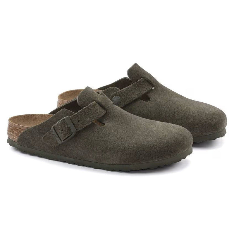 Birkenstock Boston Suede Thyme Unisex Clog Sandal – Classic Slip-On Shoe with Cork-Latex Footbed & Adjustable Strap for Everyday Comfort