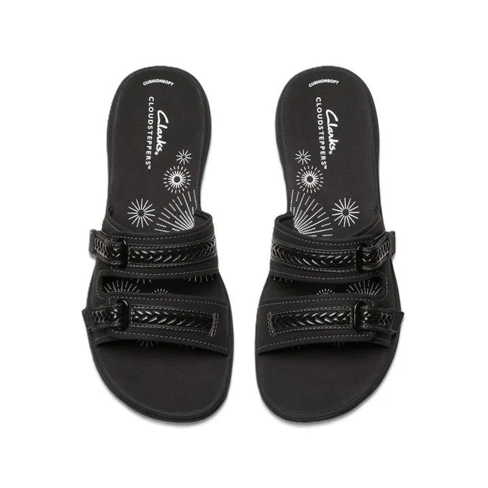 Clarks Women's Breezey Eve H Cushioned, Comfortable, Braided and Stitching Strap Slide Sandals, Black