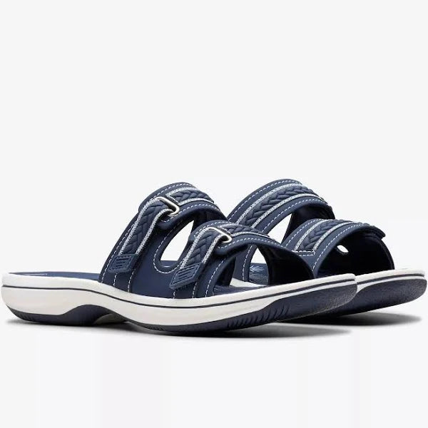 Clarks Women's Breezey Eve H Cushioned, Comfortable, Braided and Stitching Strap Slide Sandals, Navy