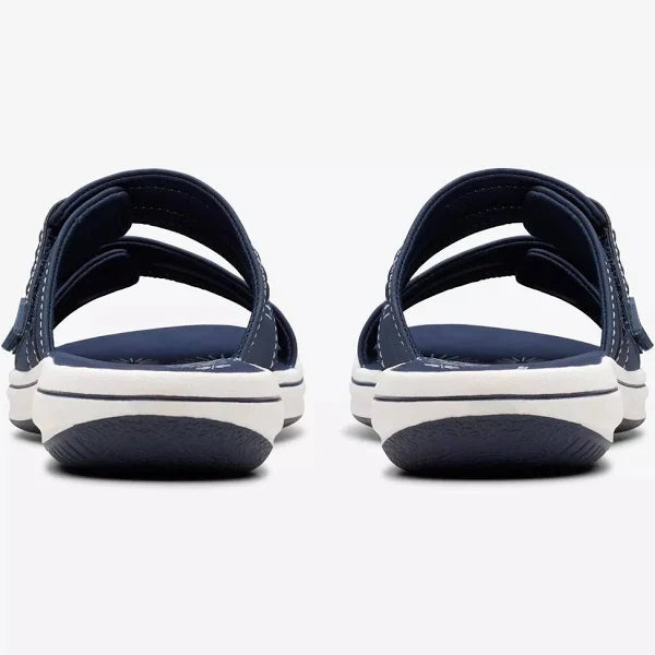 Clarks Women's Breezey Eve H Cushioned, Comfortable, Braided and Stitching Strap Slide Sandals, Navy