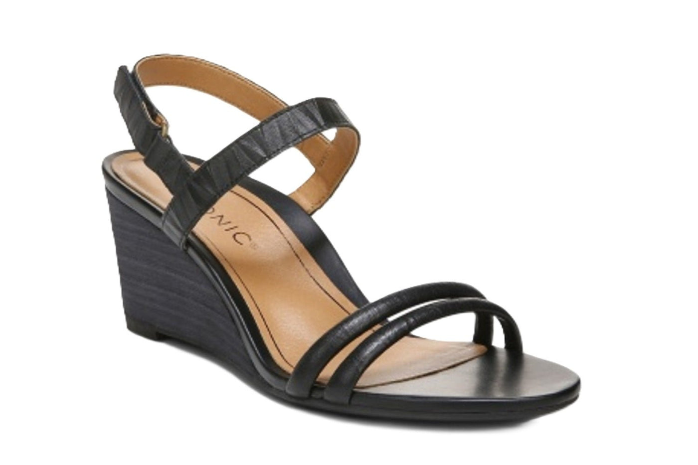 Vionic Women's Orthotic Emmy Wedge Sandals – Black Leather, Arch & Heel Support – Chic Backstrap Design
