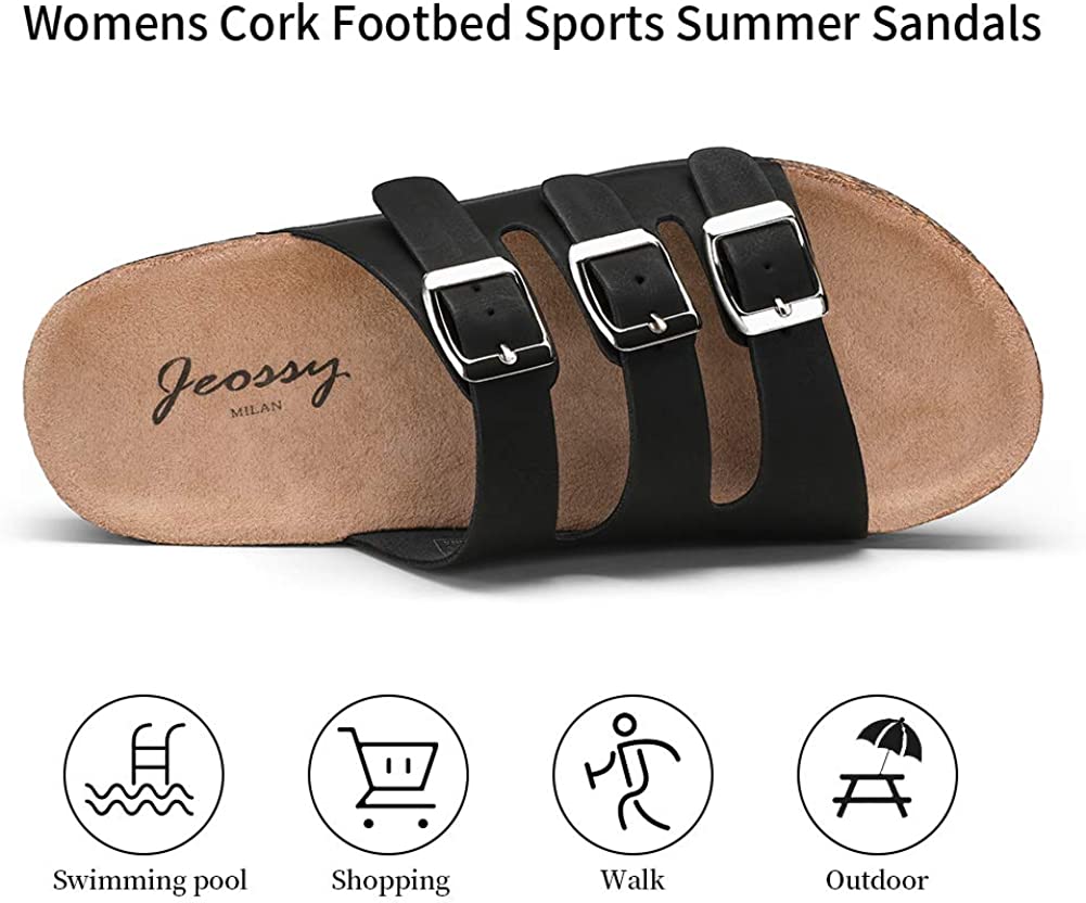 Jeossy Women's Two Buckle Slide Sandals – Adjustable Cork Footbed, Comfortable Outdoor Shoes