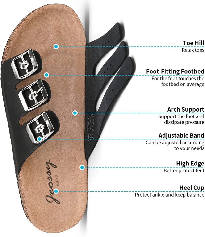 Jeossy Women's Two Buckle Slide Sandals – Adjustable Cork Footbed, Comfortable Outdoor Shoes