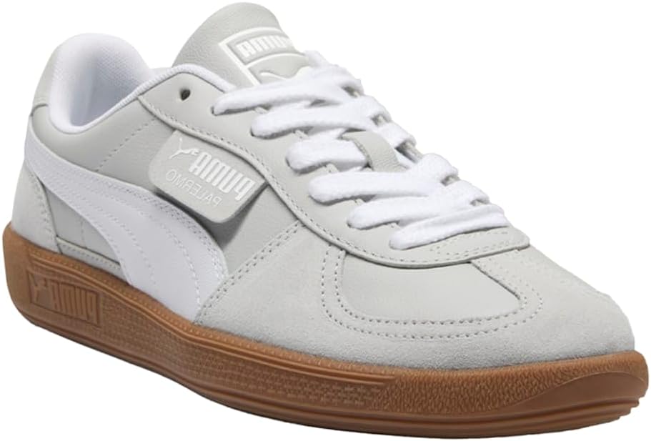 PUMA Men's Palermo Sneakers White/Cool Light Gray/Gold - Retro Suede and Leather Upper, Iconic Terrace Style, Cushioned Comfort Shoes