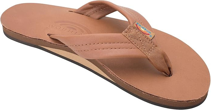 Rainbow Sandals Women's Single Layer Leather Flip Flops – Wide Strap, Tan/Brown