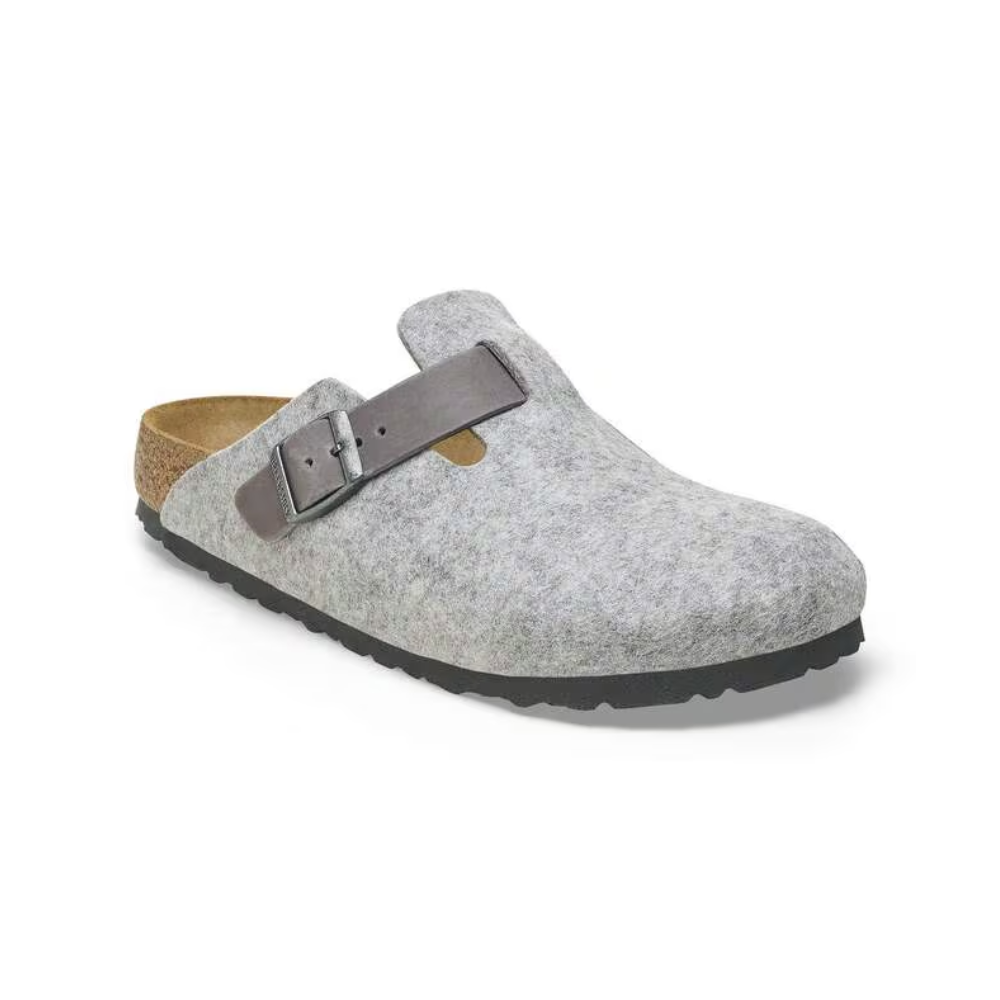 Birkenstock Unisex Boston Clog Sandals Natural Leather-Felt- Light Gray
