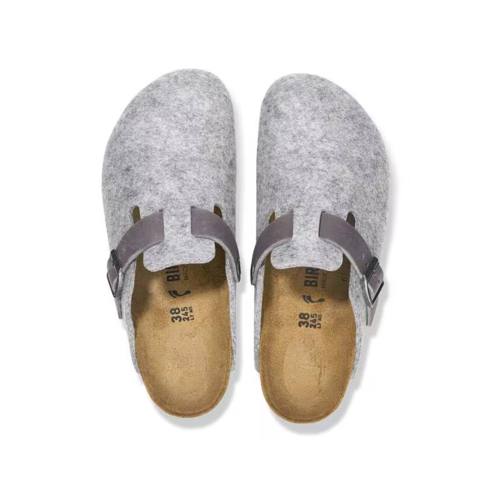 Birkenstock Unisex Boston Clog Sandals Natural Leather-Felt- Light Gray