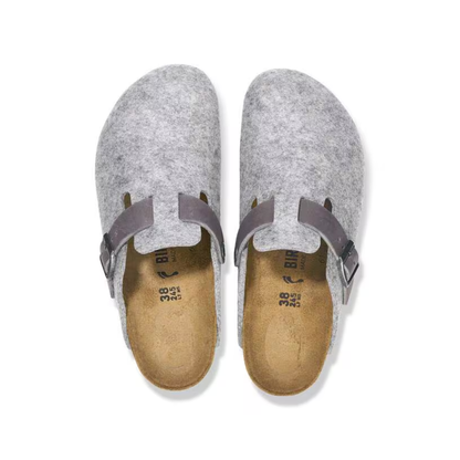 Birkenstock Unisex Boston Clog Sandals Natural Leather-Felt- Light Gray