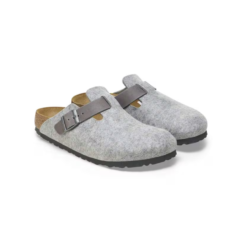 Birkenstock Unisex Boston Clog Sandals Natural Leather-Felt- Light Gray