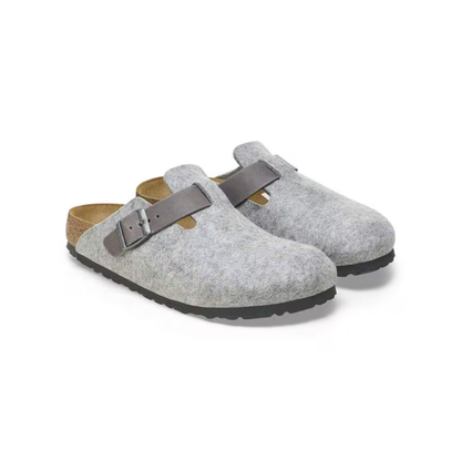 Birkenstock Unisex Boston Clog Sandals Natural Leather-Felt- Light Gray