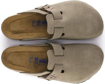 Birkenstock Boston Taupe Suede Soft Footbed Clog – Men's/Women's Classic Slip-On Comfort Shoe with Adjustable Strap, Contoured Cork-Latex Footbed & Suede Upper