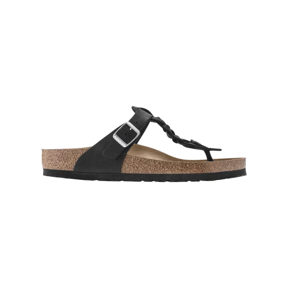 Birkenstock Gizeh Braided Leather Women Thong Sandals Black Wide Fit