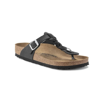 Birkenstock Gizeh Braided Leather Women Thong Sandals Black Wide Fit