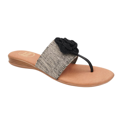 Andre Assous Women's Nara Flat Sandal, Black/Beige Linen