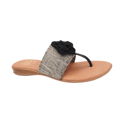 Andre Assous Women's Nara Flat Sandal, Black/Beige Linen