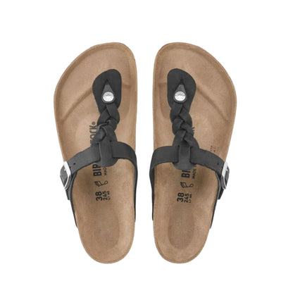 Birkenstock Gizeh Braided Leather Women Thong Sandals Black Wide Fit