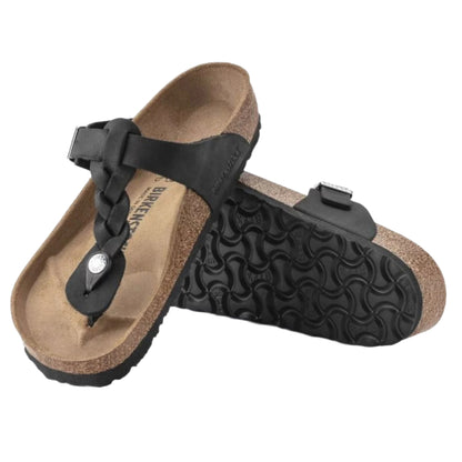 Birkenstock Gizeh Braided Leather Women Thong Sandals Black Wide Fit