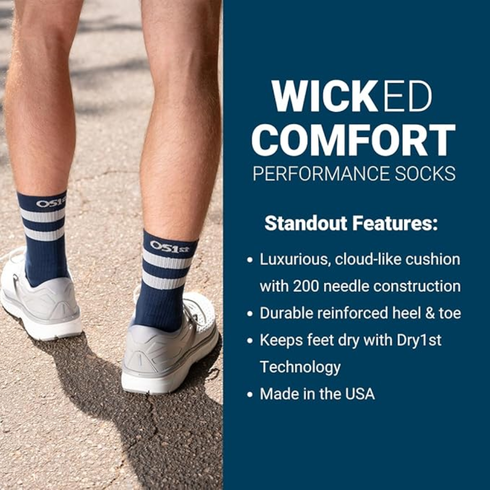 OS1st WC Wicked Comfort Black Crew Socks | Cushioned Mid-Calf Moisture-Wicking Performance
