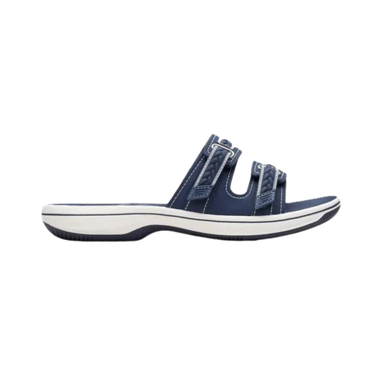 Clarks Women's Breezey Eve H  Cushioned, Comfortable, Braided and Stitching Strap Slide Sandals, Navy