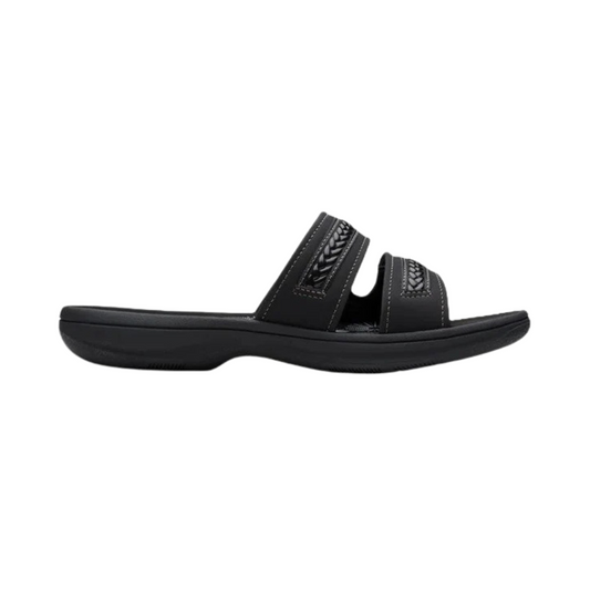 Clarks Women's Breezey Eve H  Cushioned, Comfortable, Braided and Stitching Strap Slide Sandals, Black