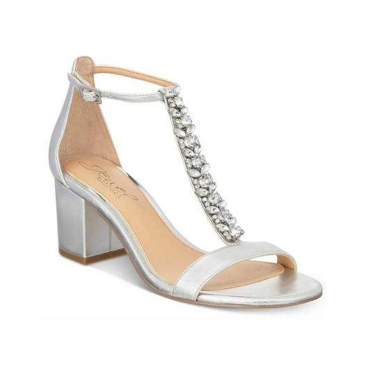 Jewel Badgley Mischka “Lindsey” – Silver Rhinestone T‑Strap Sandals (JW2157)