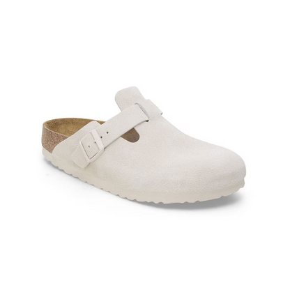 Birkenstock Boston Soft Footbed Suede Unisex Sandals - Antique White