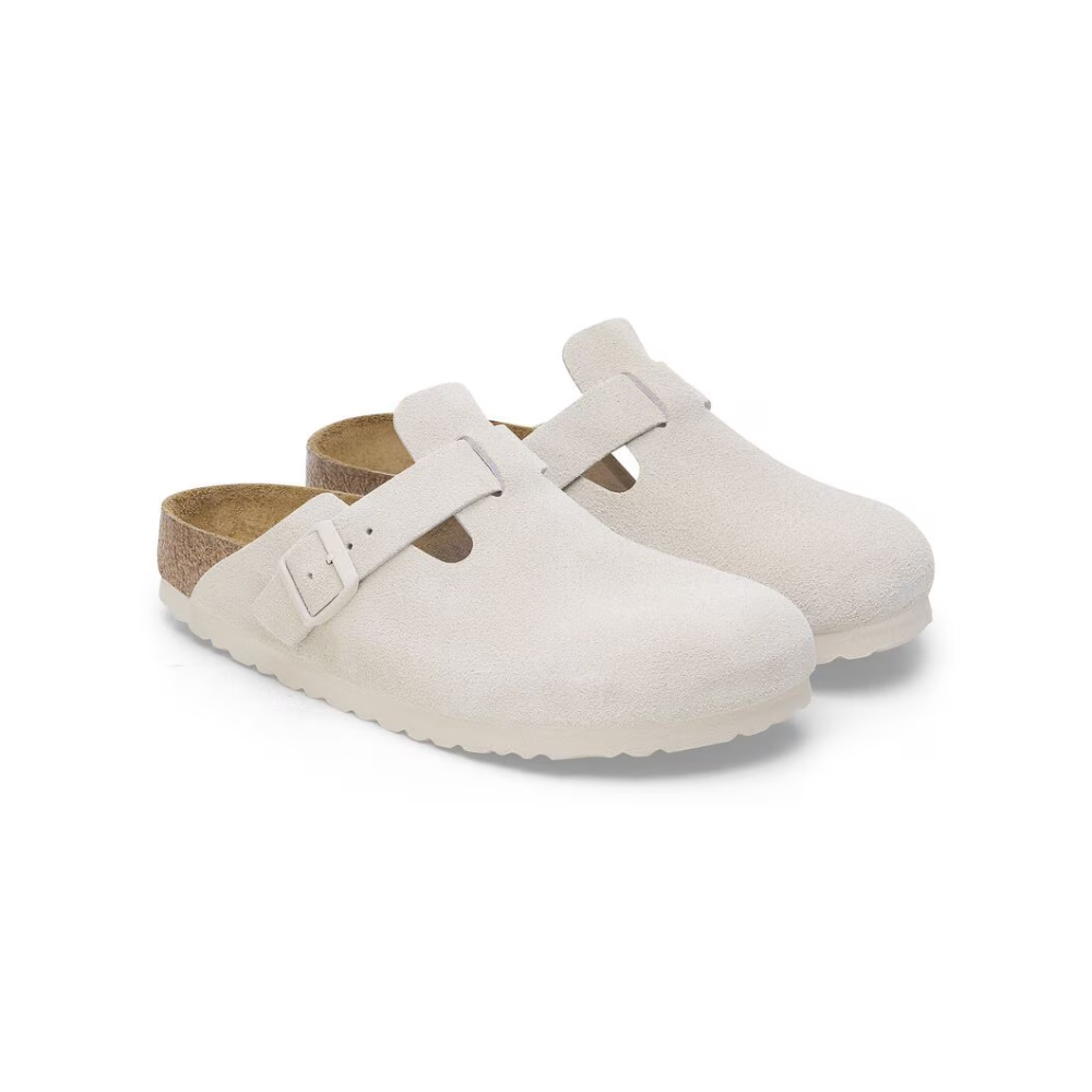 Birkenstock Boston Soft Footbed Suede Unisex Sandals - Antique White