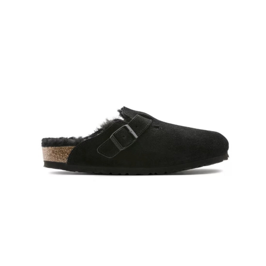 Birkenstock Boston VL Shearling  Suede Leather Black Unisex Clog Sandal