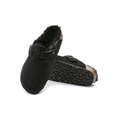Birkenstock Boston VL Shearling  Suede Leather Black Unisex Clog Sandal