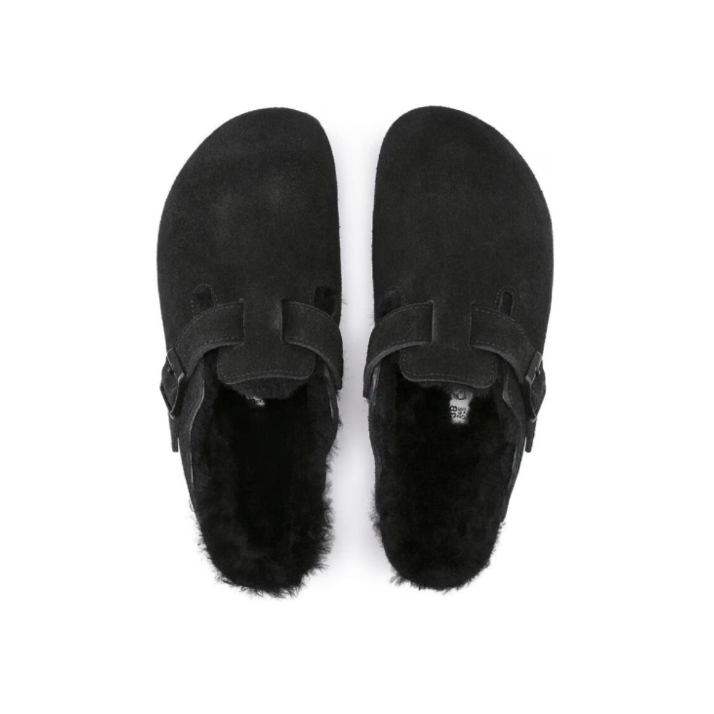 Birkenstock Boston VL Shearling  Suede Leather Black Unisex Clog Sandal
