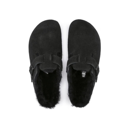 Birkenstock Boston VL Shearling  Suede Leather Black Unisex Clog Sandal