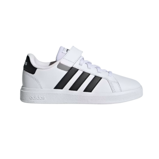 Adidas Grand Court 2.0 EL K Kids’ Court‑Style Sneaker White/Black-GW6521 Synthetic Leather, Elastic Laces, Rubber Cupsole