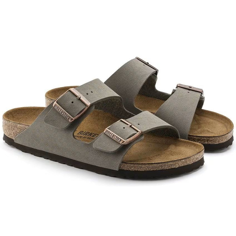 Birkenstock Arizona Classic Unisex Birkibuc Sandals – Stone, Iconic Two-Strap Comfort Leather Slides with Contoured Footbed