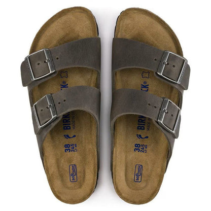 Birkenstock Arizona Soft Footbed Oiled Leather Sandals – Iron Gray, Unisex Two-Strap Slide with Contoured Cork Footbed